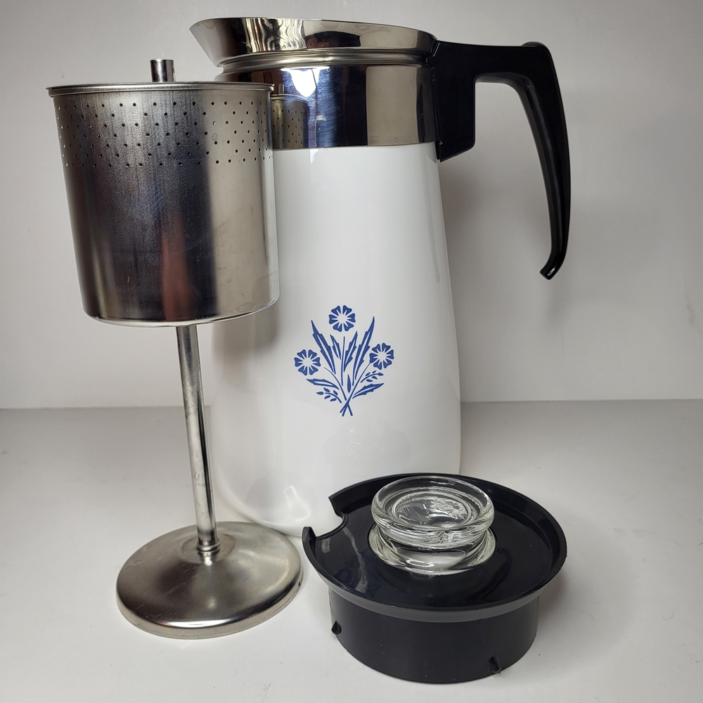 Corningware Coffee Carafe with Blue Floral Design and Stainless Steel Filter